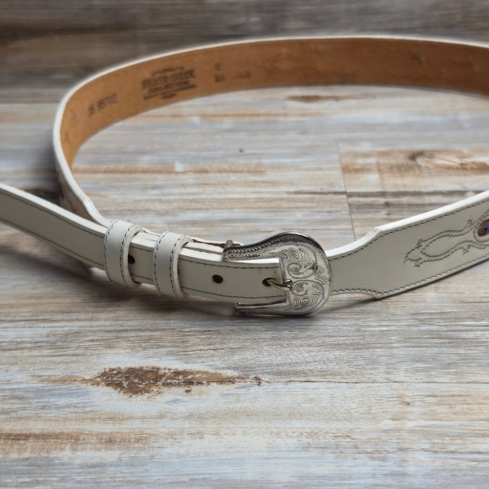 Silver Creek Collection White Leather Western Belt Floral Tapestry Inlay 36